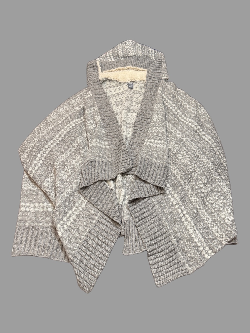 aerie Hooded Fair Isle Poncho in Gray and Cream